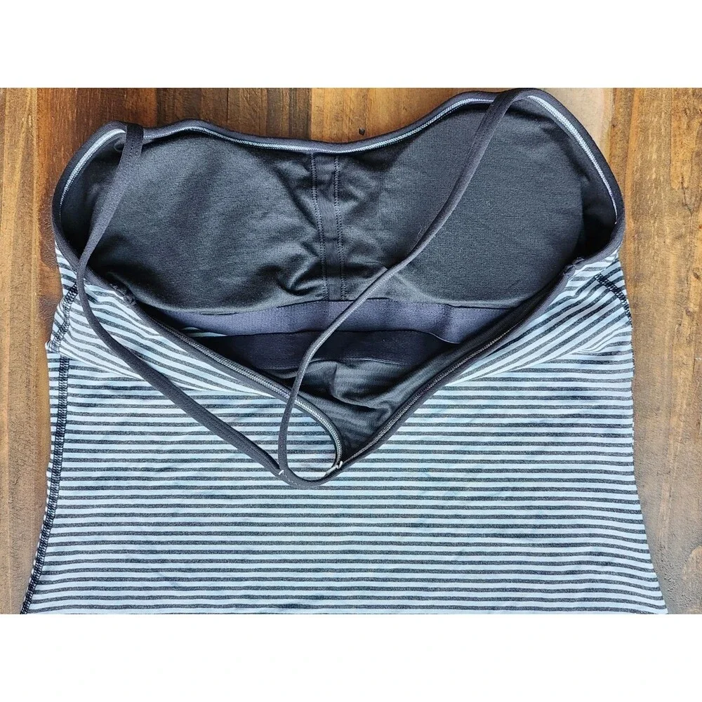 Lululemon Black/Gray Striped Spaghetti Strap Racer Back Padded Tank Top Sz 10